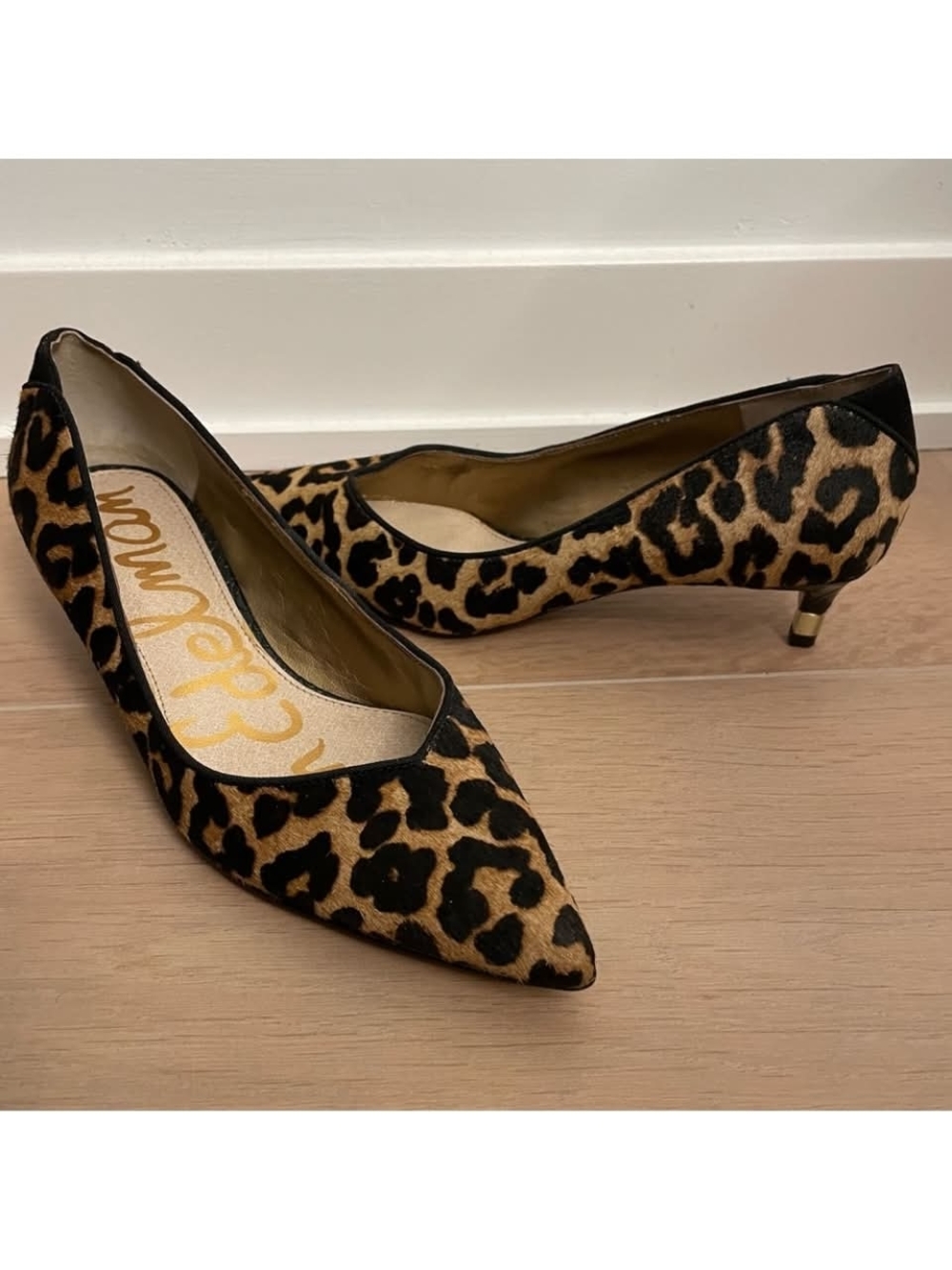 New Condition Sam Edelman Leopard-Print Pointed Kitten Heel Pumps - Tan & Black